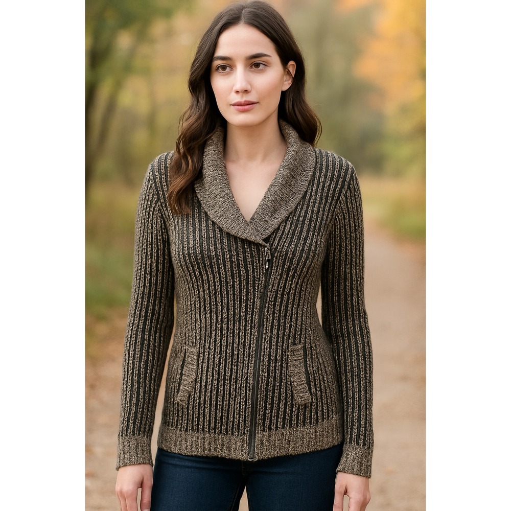 M. Rena Women's Shawl‎ Collar Ribbed Knit Zip Sweater M Acadamia Y2K